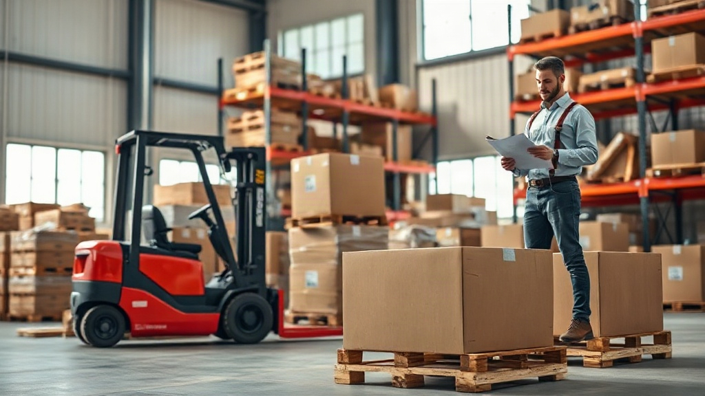 warehouse interior with stacked cardboard shipping cartons on wooden pallets, a forklift pallet jack, workers hands chec