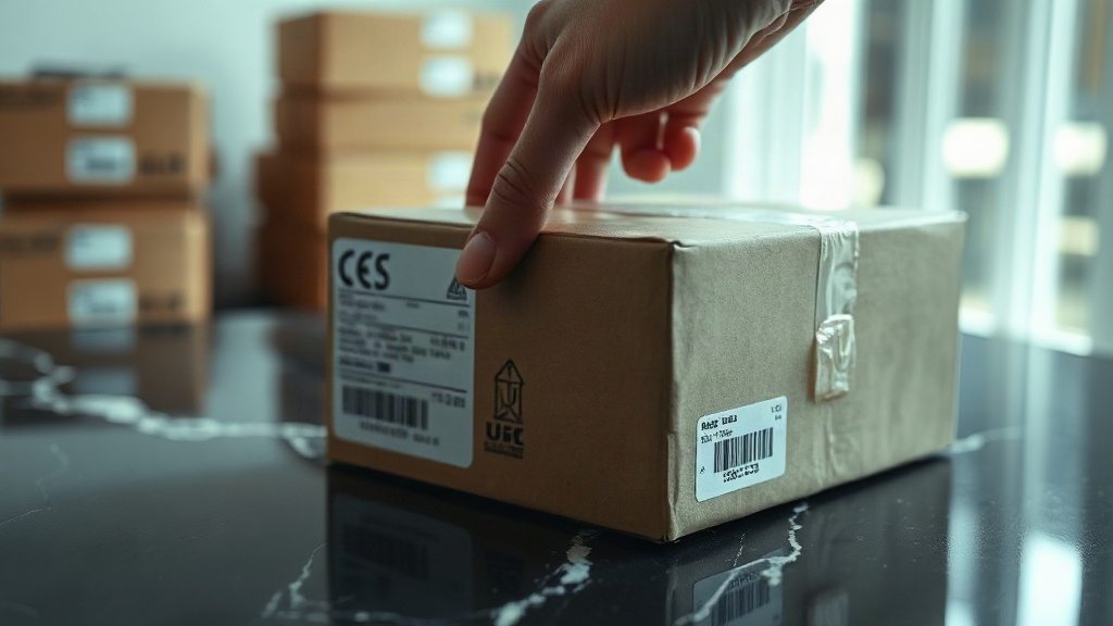 close-up of a hand inspecting a sealed cardboard shipping carton with customs and shipping labels on a dark marble surfa