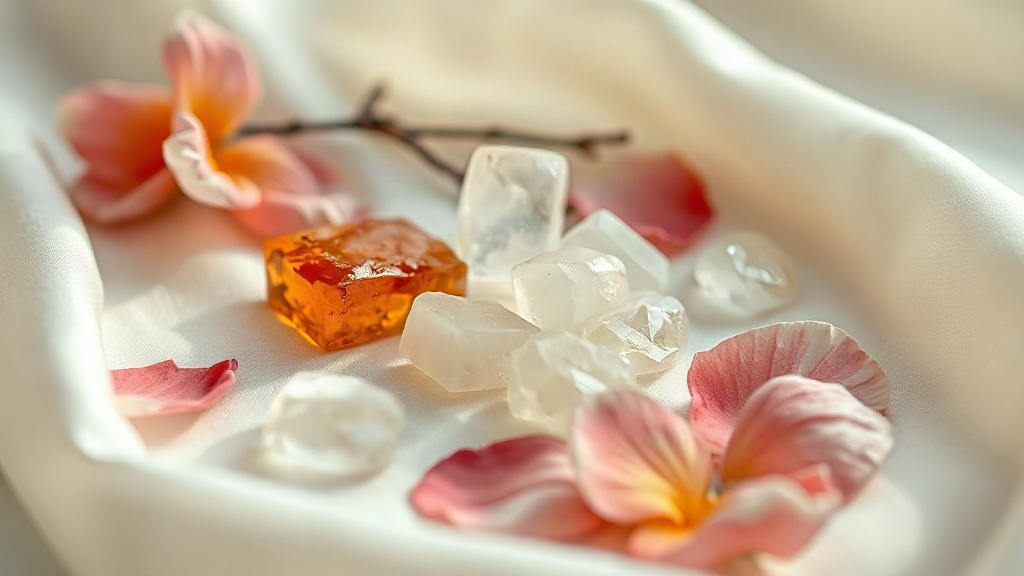 Close-up still life of white musk crystals, amber resin chunks, peach blossoms and rose petals arranged on a piece of iv