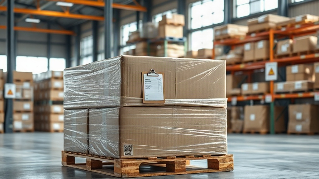 warehouse interior with sealed cardboard shipping cartons stacked on wooden pallets, a shrink-wrapped pallet ready for f