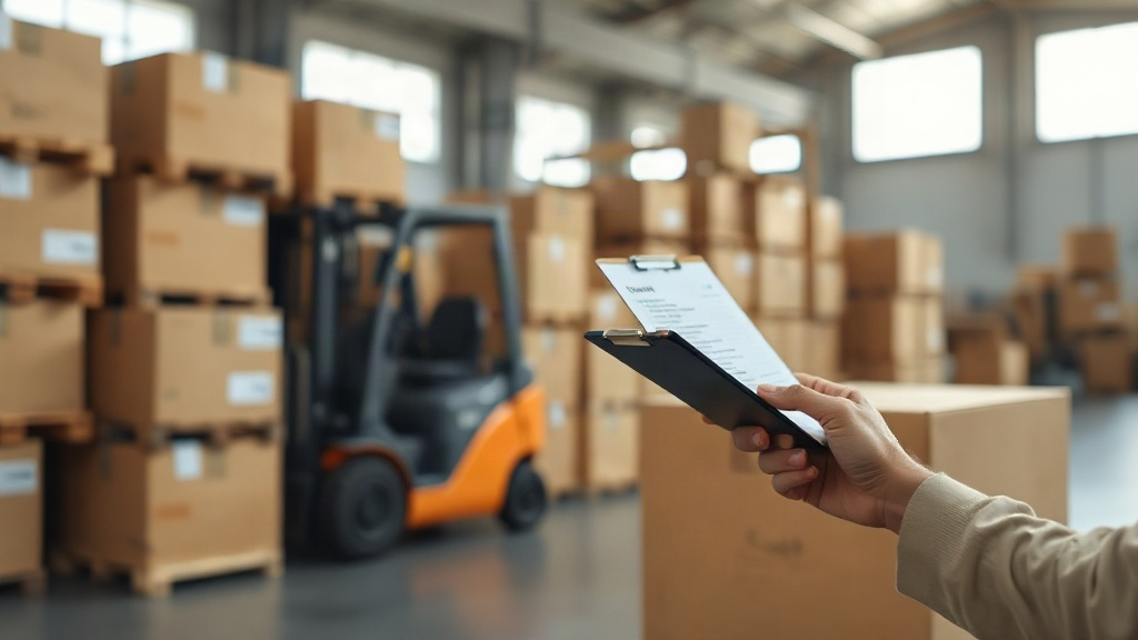 Warehouse interior with wooden pallets stacked with sealed cardboard shipping boxes, a forklift in soft focus background