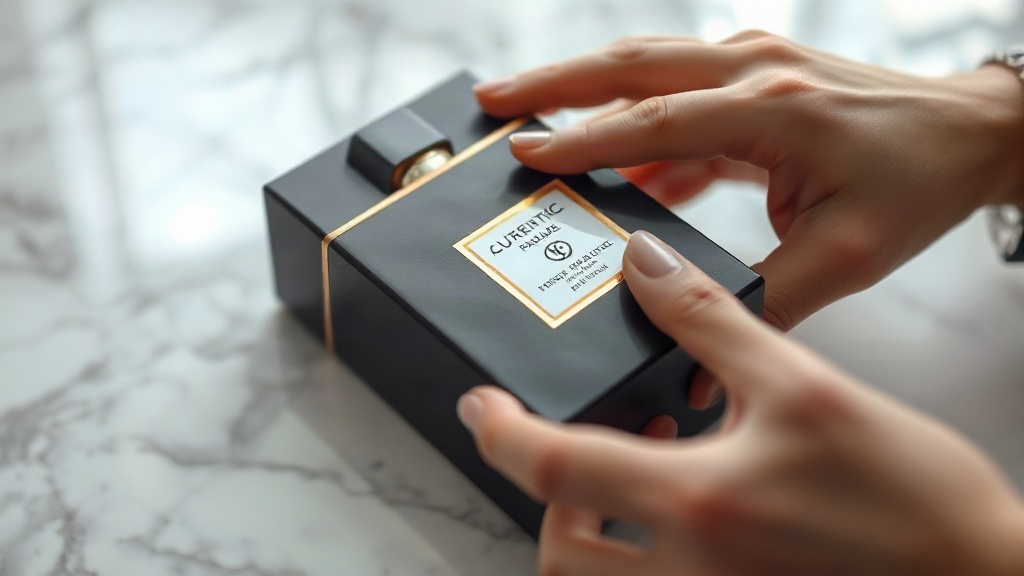close-up of a hand inspecting a sealed perfume packaging box with a hologram authenticity sticker on a marble countertop