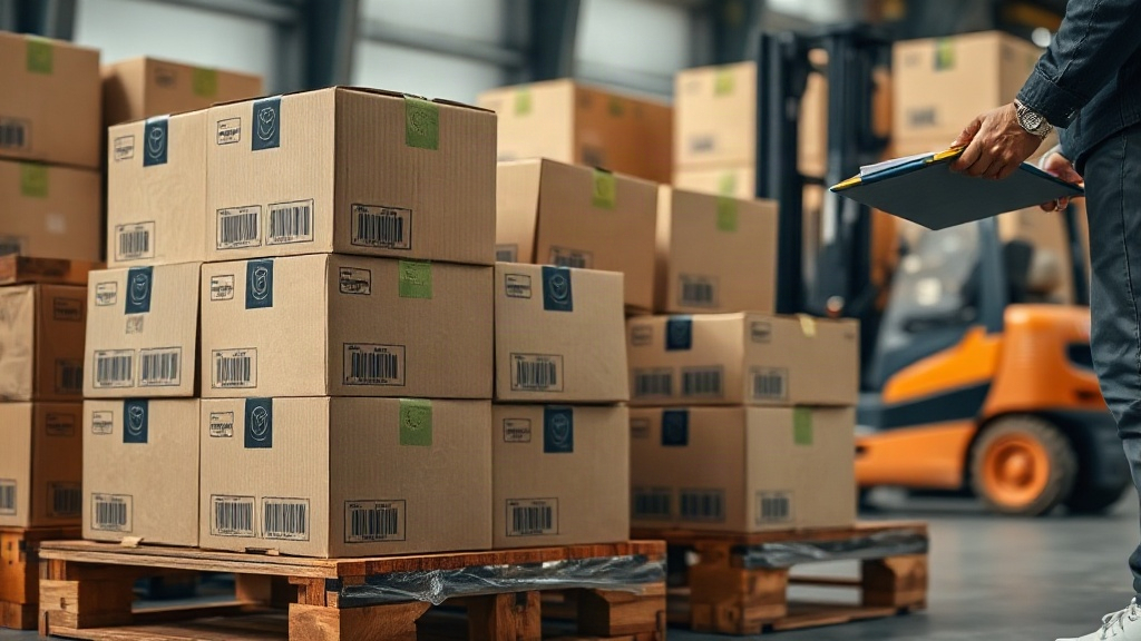 logistics warehouse scene with stacked branded shipping cartons on wooden pallets, a worker's hand holding a clipbo