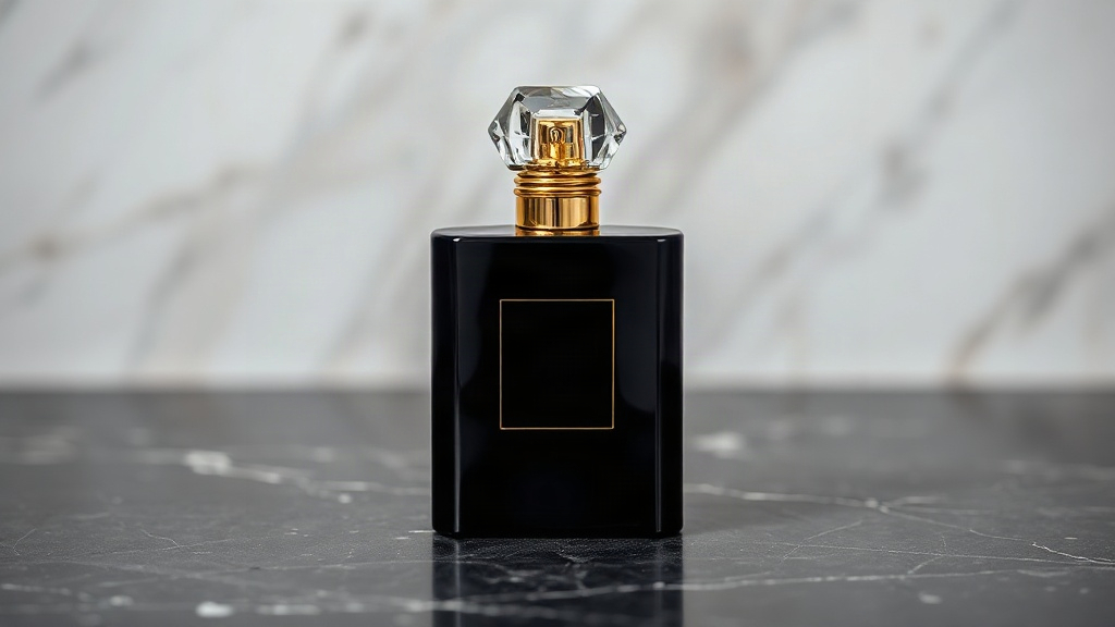 elegant black perfume bottle with a faceted crystal-shaped gold cap standing on a dark polished marble surface, soft dra