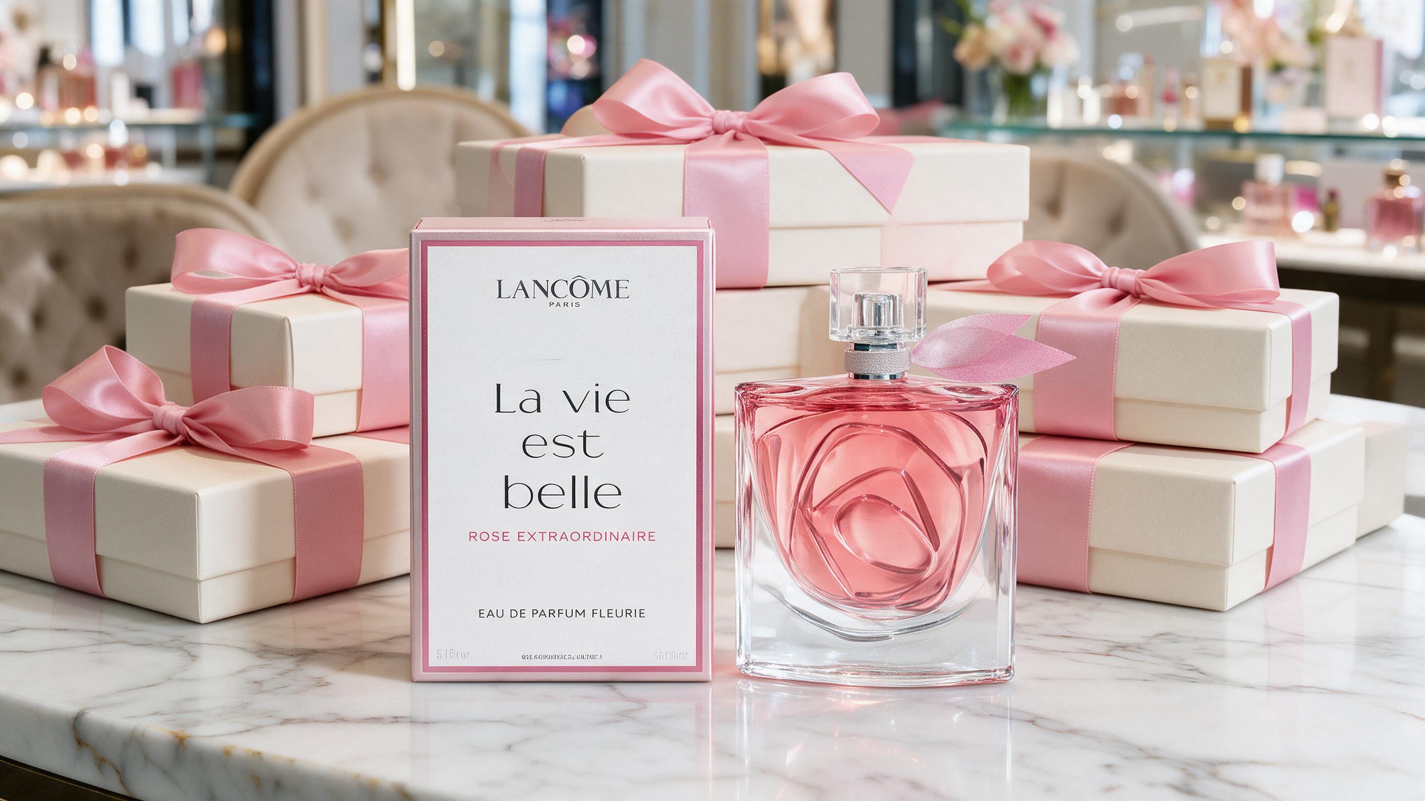 elegant closed perfume gift boxes wrapped with satin ribbon stacked on a marble boutique counter, soft studio lighting,