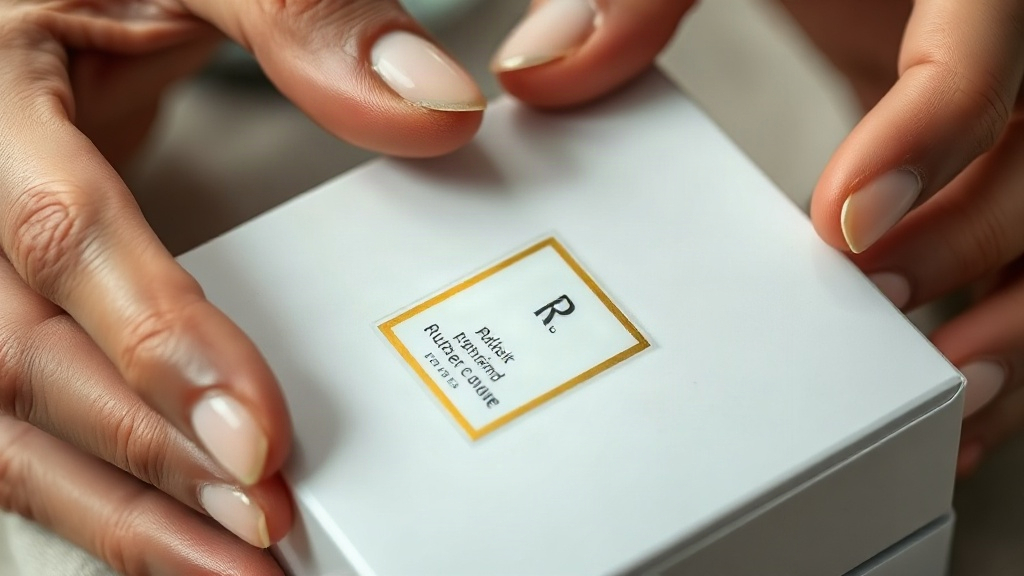 close-up of hands inspecting a sealed perfume outer box, checking the cellophane wrap and a batch code sticker on the pa