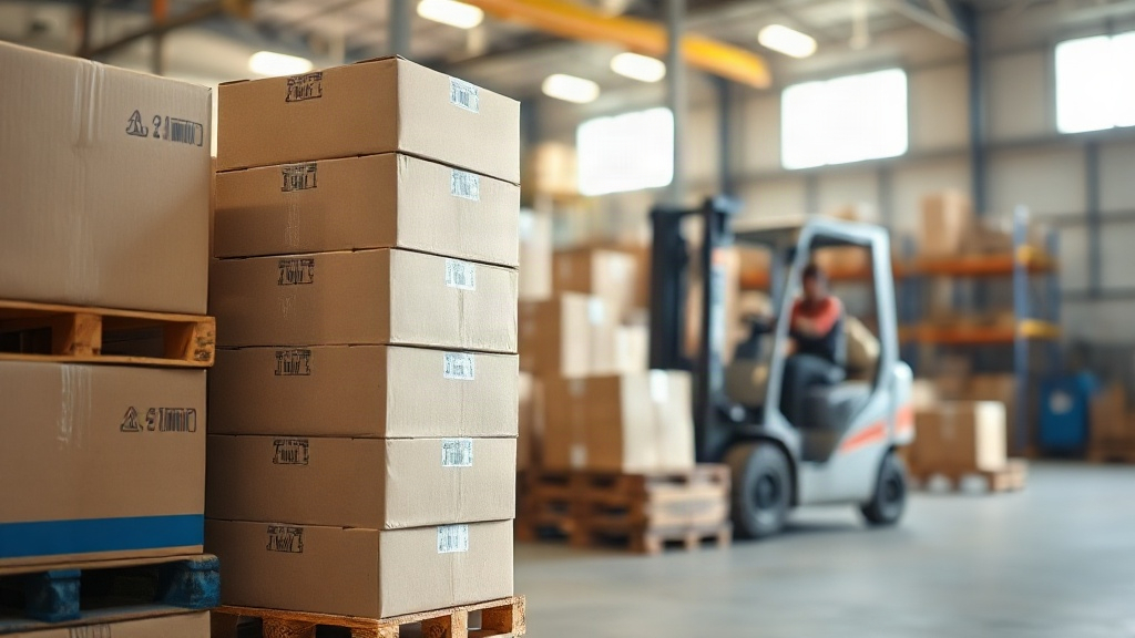 a warehouse interior with stacked cardboard shipping boxes and wooden pallets, forklift in soft background blur, industr