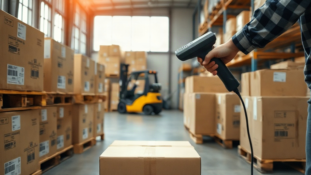 Warehouse interior with wooden pallets stacked with sealed cardboard shipping boxes, a worker's hand scanning a shi