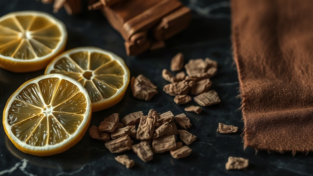 close-up still life of raw perfumery ingredients including bergamot citrus slices, cedarwood pieces, dried oud wood chip