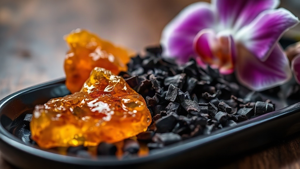 close-up still life of amber resin chunks, dark chocolate shavings, and black orchid petals arranged on a black lacquere