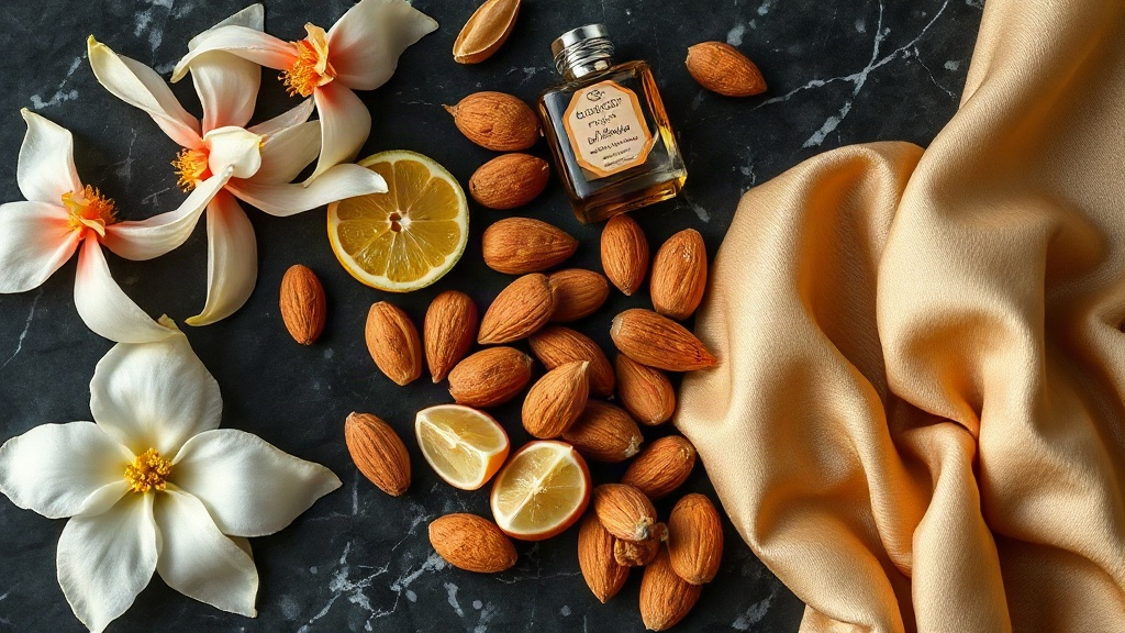 flatlay of raw perfumery ingredients representing a floral oriental fragrance family — fresh jasmine blossoms, bergamot 