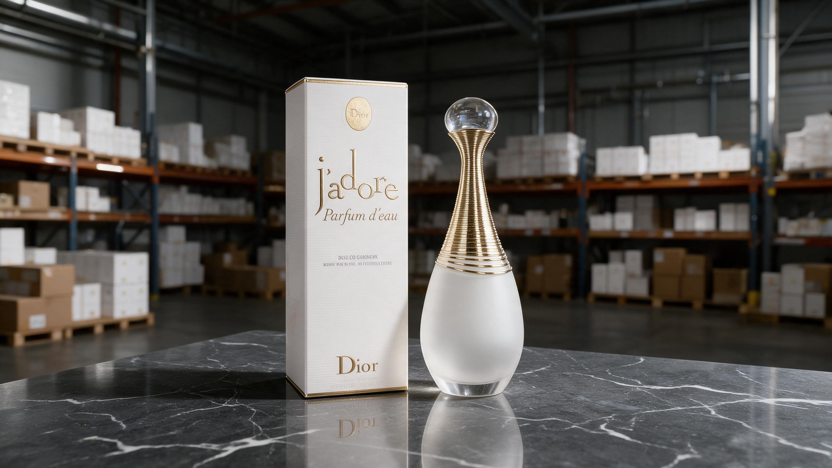 elegant photograph of the Christian Dior J'adore amphora-shaped perfume bottle with golden cap standing on a polish