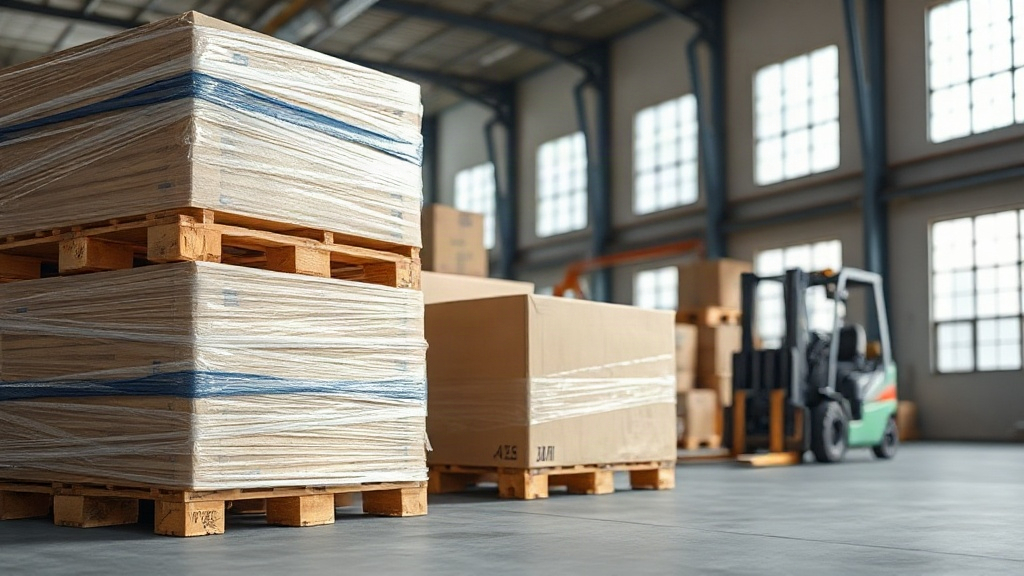 warehouse interior with stacked wooden pallets wrapped in shrink film and sealed cardboard shipping boxes ready for expo