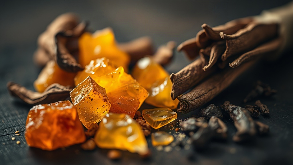 close-up macro photograph of raw perfumery ingredients for an amber oriental fragrance — amber resin chunks, dried vanil