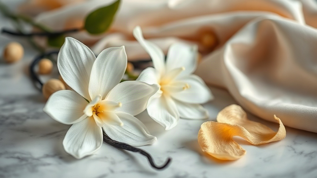 close-up of jasmine blossoms, vanilla pods, bergamot peel and silk fabric arranged on a marble surface, soft studio ligh