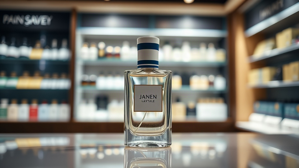 an elegant men's fragrance bottle with blue and white nautical striped cap displayed on a polished retail store cou
