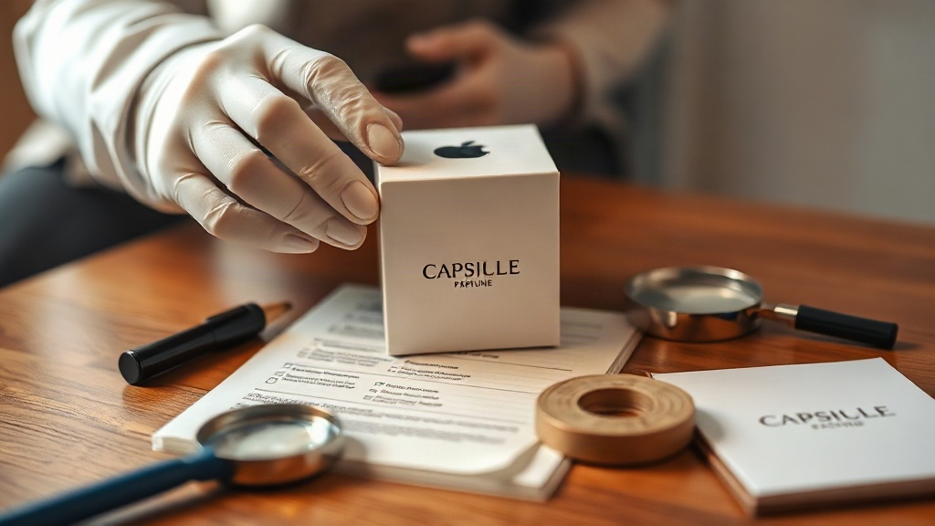 close-up of hands in white gloves inspecting a sealed luxury perfume packaging box on a wooden inspection table, quality