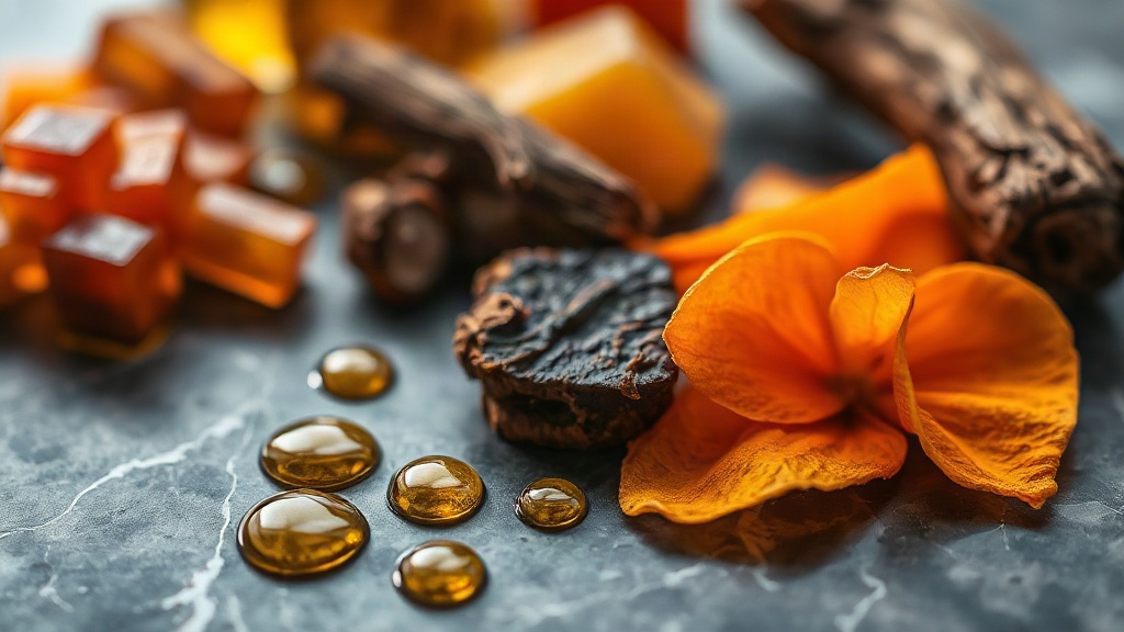 Macro close-up photograph of amber resin chunks, dried patchouli leaves, orange blossom petals and dark woody bark piece