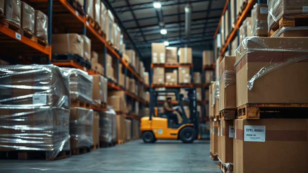 warehouse interior with wrapped wooden pallets stacked with sealed cardboard shipping boxes, a forklift in soft focus ba