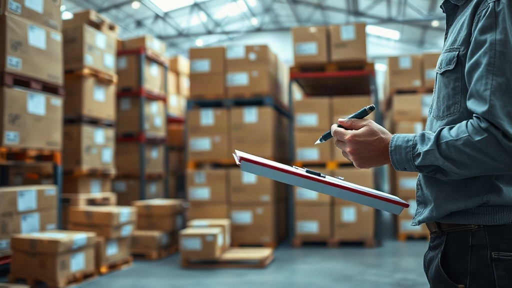 Warehouse scene with stacked cardboard shipping boxes and wooden pallets, a worker's hand checking a shipment label