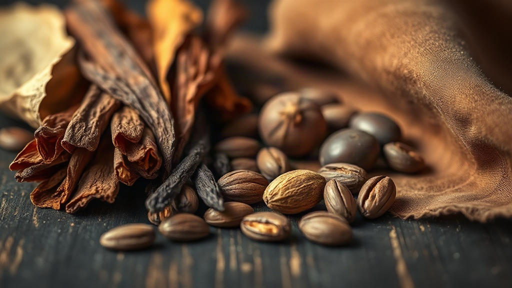 Close-up still life of raw tobacco leaves, vanilla pods, dried fruits, cocoa beans, and a piece of suede fabric arranged