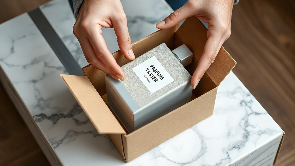 Close-up of hands carefully packing a sealed cardboard perfume tester box into a padded shipping carton on a marble pack