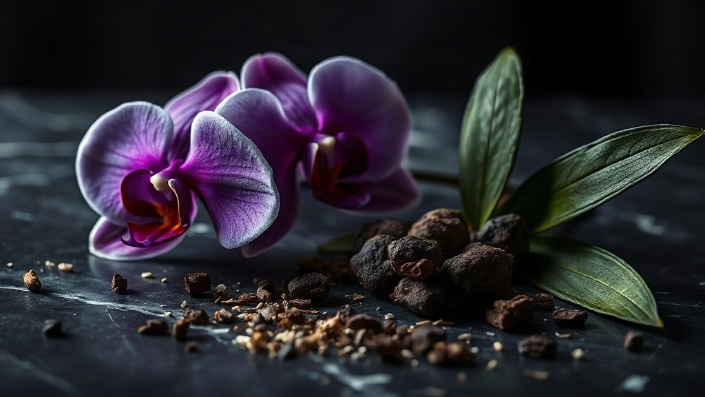 dark orchid flowers, black truffle shavings, and patchouli leaves arranged on a black marble surface, moody dramatic stu