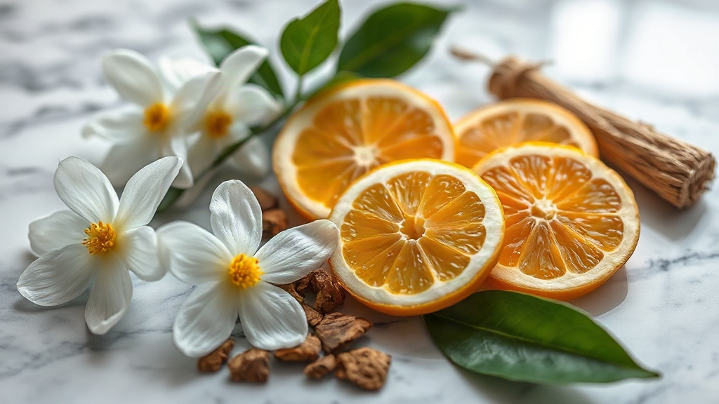 Close-up still life of fresh jasmine flowers, bergamot citrus slices, and oud wood chips arranged on a polished marble s