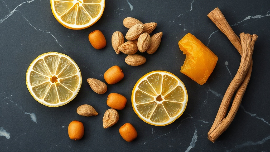 overhead flat lay of raw perfumery ingredients — fresh bergamot citrus halves, dried tonka beans, amber resin chunks, an
