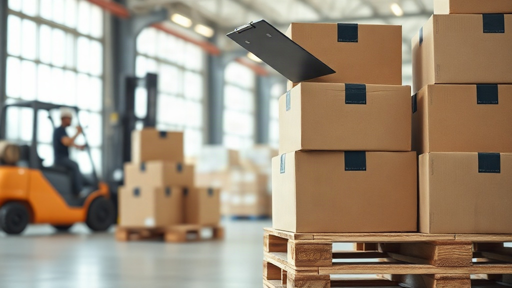 warehouse interior with stacked cardboard shipping boxes on wooden pallets, a worker's hand checking a shipment wit