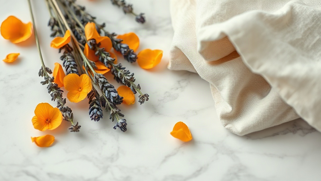 lavender sprigs and orange blossom petals arranged on a white marble surface next to a folded ivory linen fabric, soft n