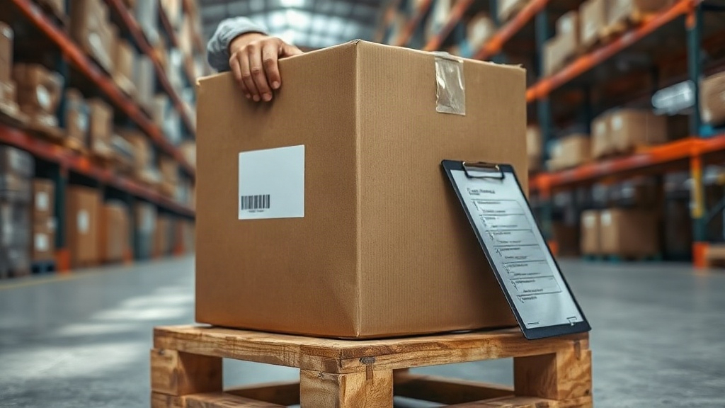 warehouse worker's hands inspecting a sealed cardboard shipping box on a wooden pallet, barcode label visible, clip