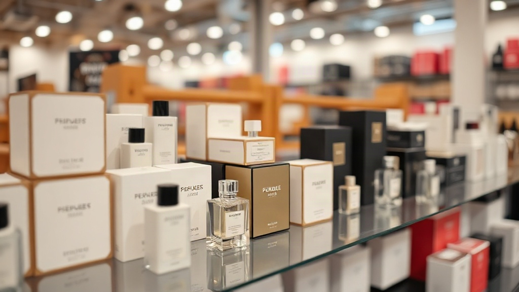 professional product photography of an assorted perfume display shelf in a wholesale showroom, multiple boxed fragrance 