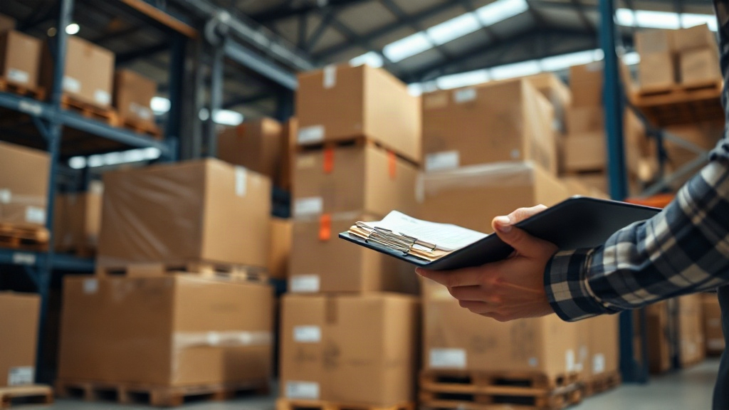 warehouse interior with stacked cardboard shipping boxes and wooden pallets, a hand holding a clipboard checking a shipp