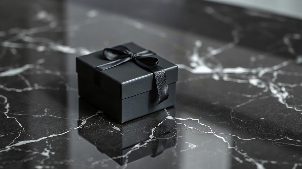 a single elegant matte black gift box with a satin ribbon resting on a polished dark marble surface, soft directional st