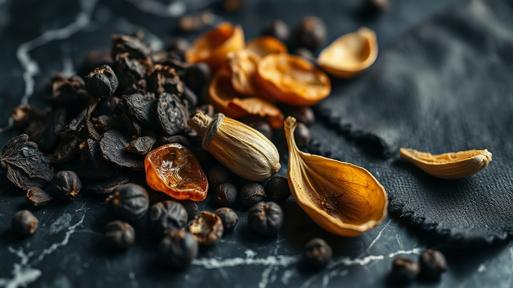 close-up still life of raw perfume ingredients for a bold woody fragrance: dark oud wood chips, amber resin pieces, berg
