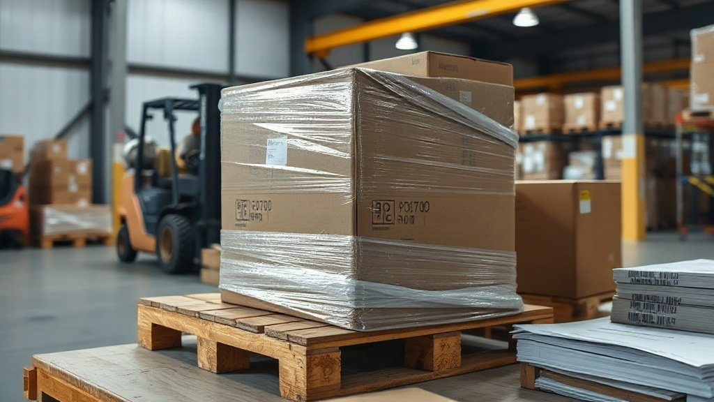 Cargo boxes being loaded onto a wooden pallet wrapped in stretch plastic inside a logistics warehouse, a forklift in the