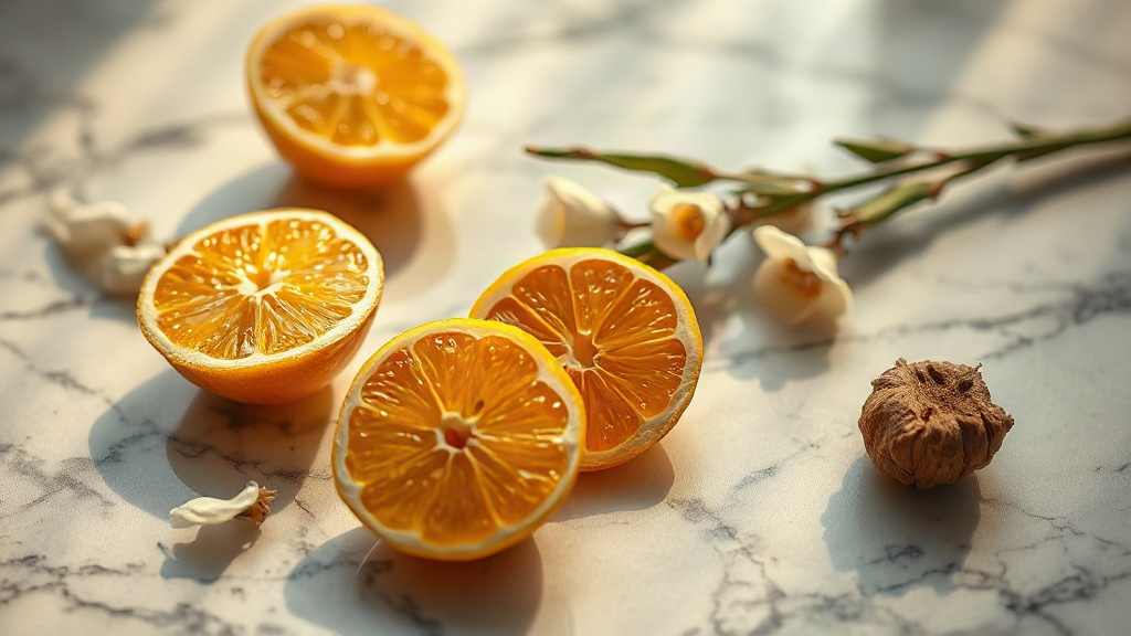 close-up scene of raw perfumery ingredients arranged on a polished marble surface, fresh bergamot citrus fruits cut in h