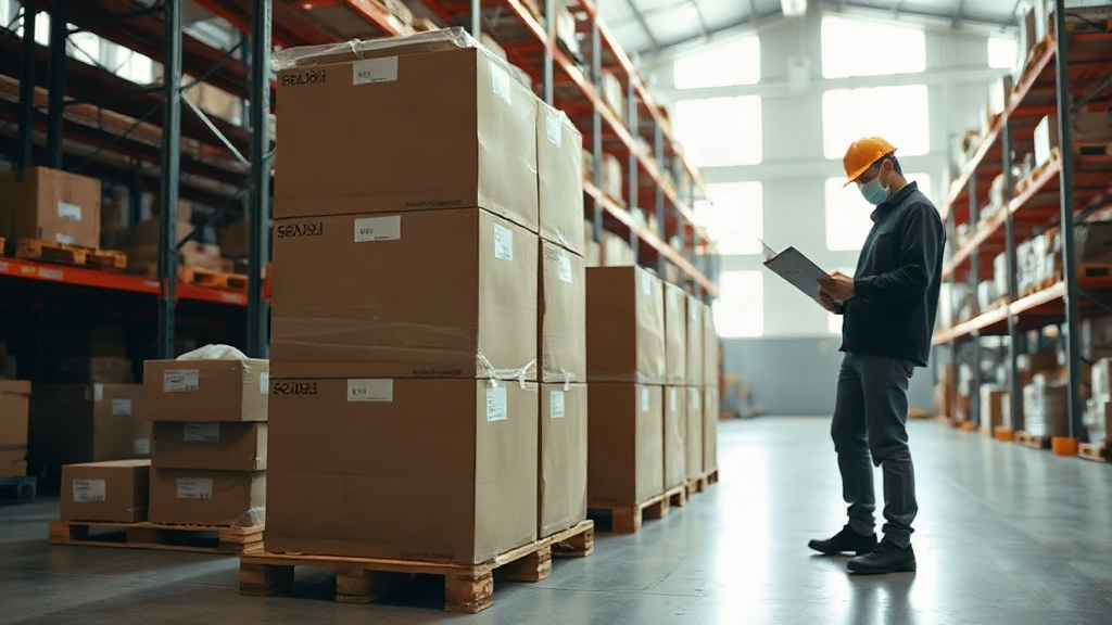 warehouse interior with neatly stacked cardboard shipping boxes on wooden pallets, a worker's hand checking a clipb
