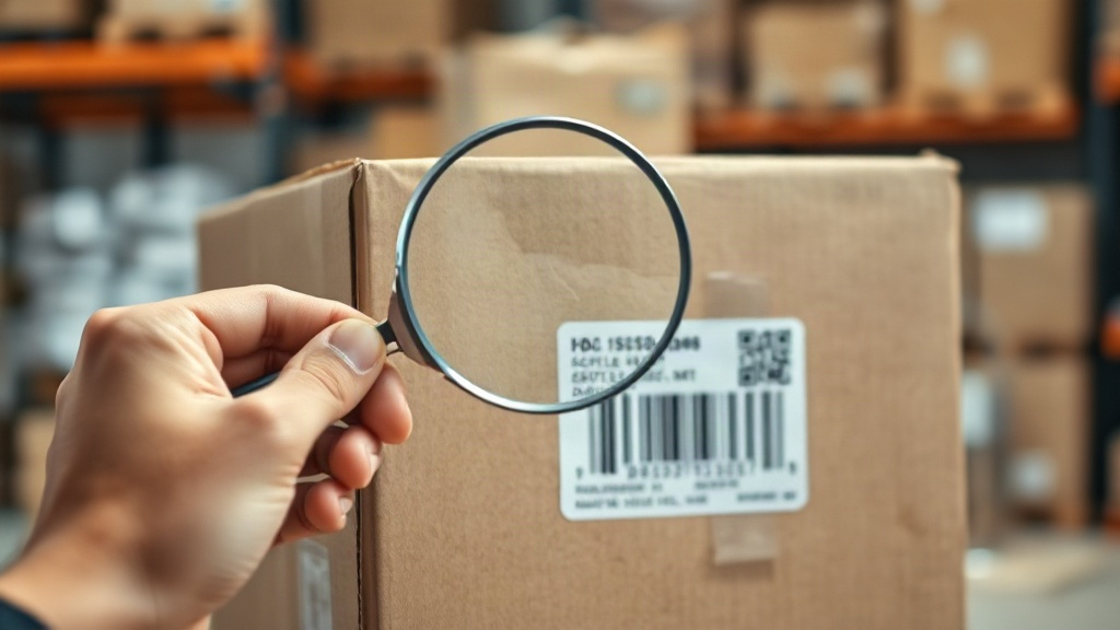 a hand holding a magnifying glass inspecting a holographic authenticity seal and barcode label on a sealed cardboard shi