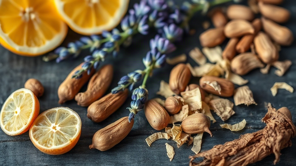 close-up flat lay of raw perfumery ingredients for a woody oriental fragrance, fresh bergamot halves, lavender sprigs, t