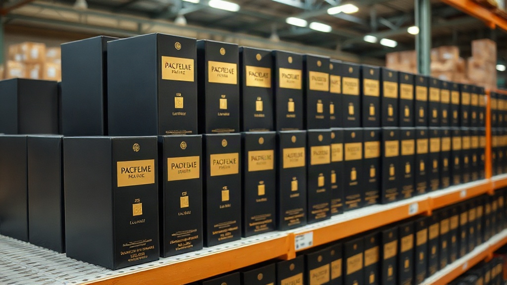 rows of elegant black and gold perfume outer packaging boxes neatly stacked on a warehouse shelf, clean commercial produ