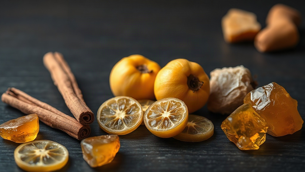 Macro photo of fresh bergamot fruits, cinnamon sticks, and amber resin chunks arranged on a dark wooden surface, soft di
