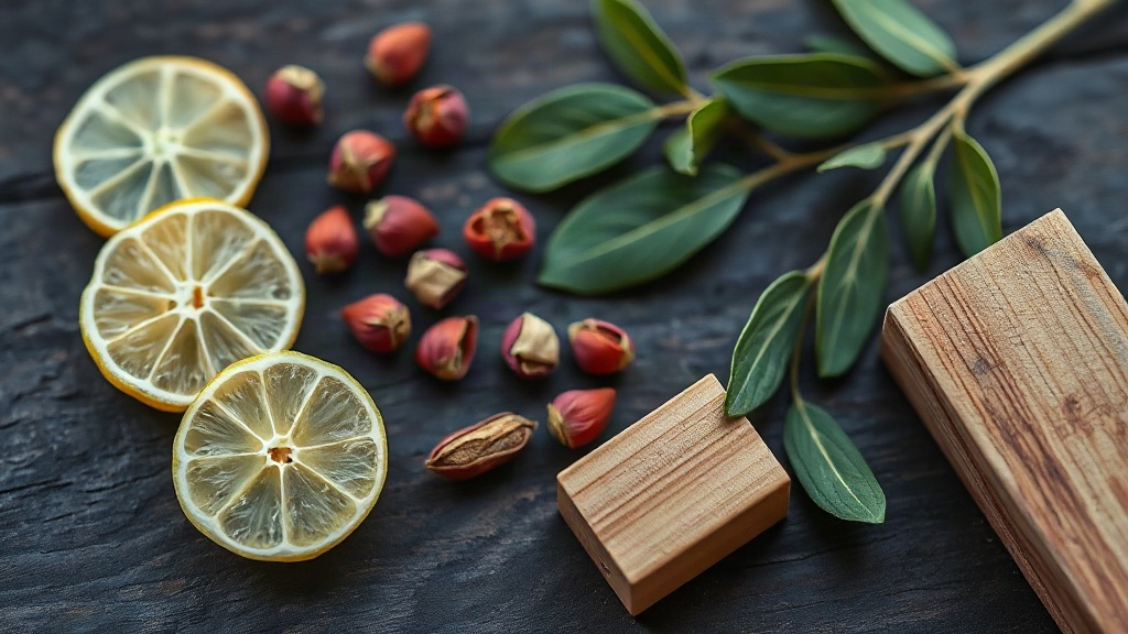 close-up flat lay of perfumery raw materials on a dark wooden table — fresh bergamot slices, pink peppercorns, cardamom 