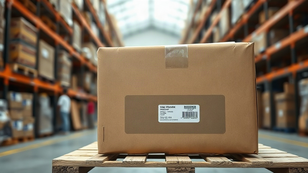 close-up of a sealed brown cardboard shipping carton with a shipping label and barcode sticker, resting on a wooden pall