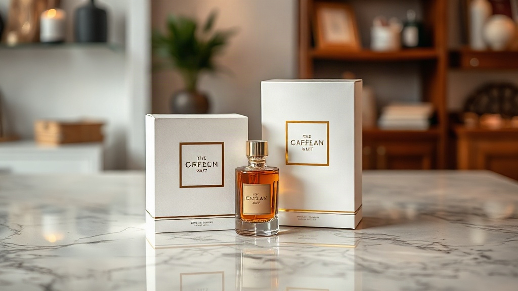 elegant perfume gift box and outer packaging carton placed on a polished marble counter, warm boutique lighting, profess