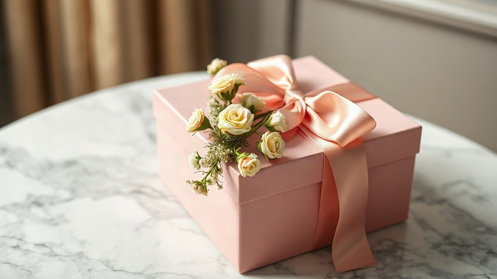 Elegant pink gift box with satin ribbon and a small bouquet of fresh flowers on a marble countertop, soft studio lightin