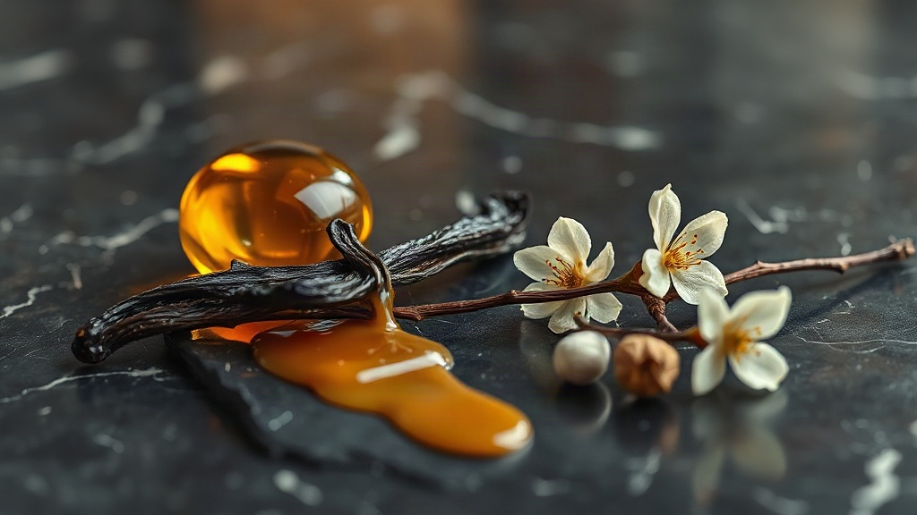 elegant still life of amber resin, vanilla pods, caramel sauce drizzle and almond blossom branches arranged on a dark ma
