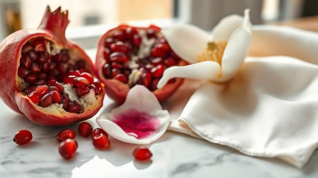 close-up still life of fresh pomegranate seeds, peony petals, magnolia blossom and a folded square of ivory silk fabric 