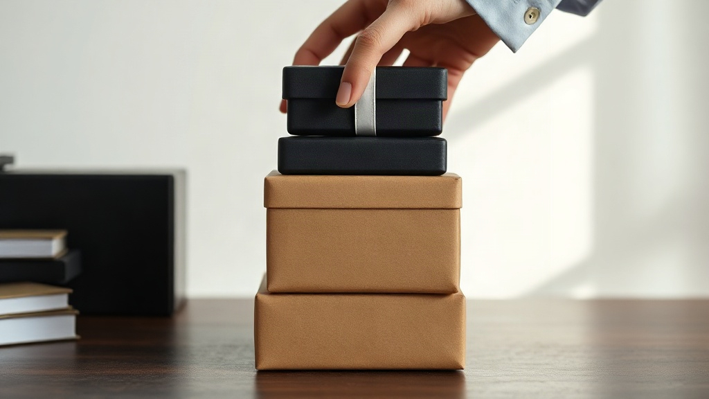 close-up of elegant perfume gift boxes stacked neatly on a dark wooden desk, a hand in a business shirt cuff placing one